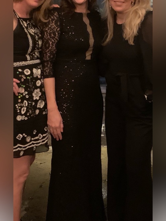 MARINA Black Long-Sleeve Sequin Evening Gown with Sheer Illusion Front - Picture 2 of 4